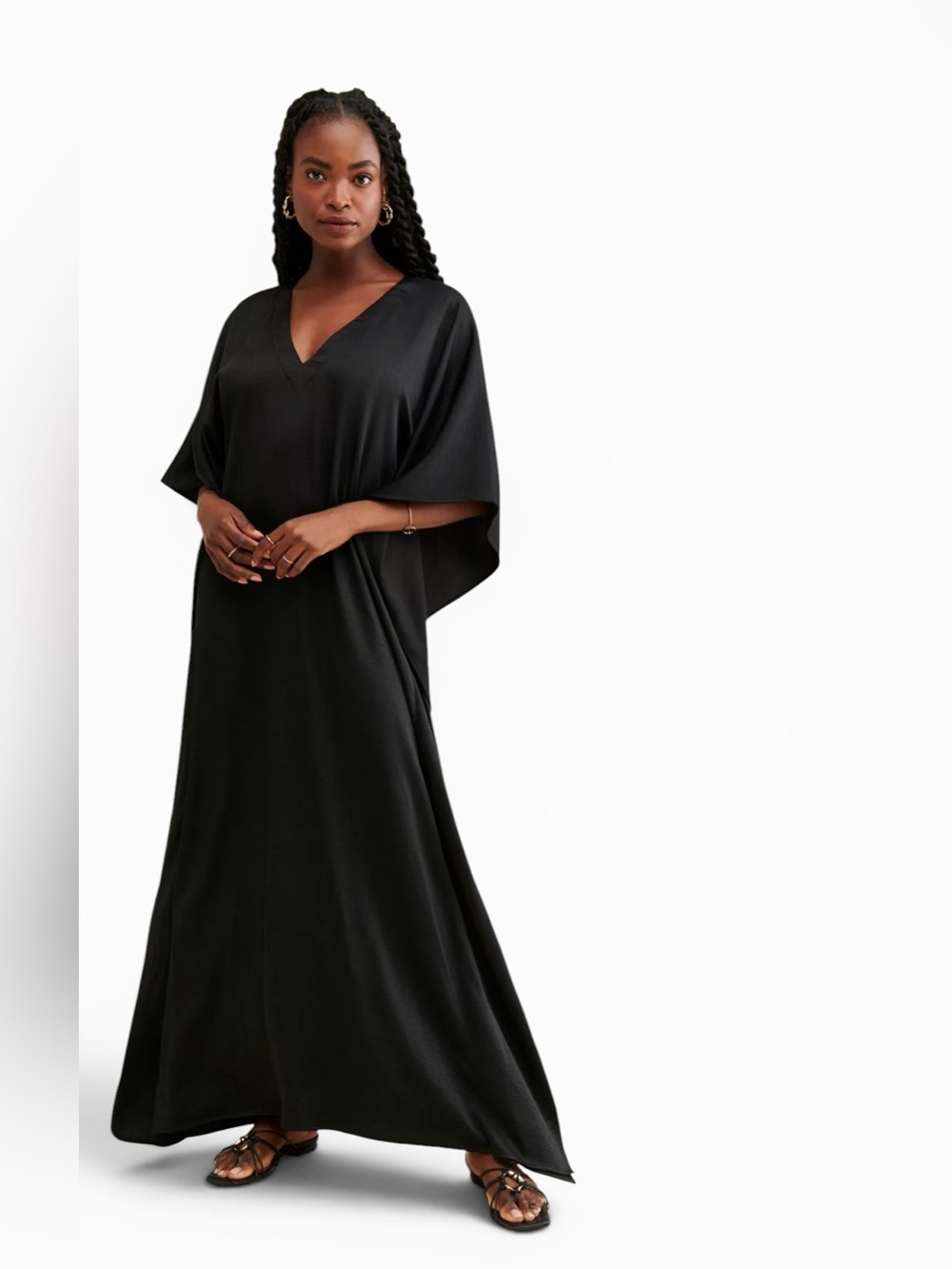 Ripley Radar Black Crepe Satin V-Neck Kaftan Maxi Dress Beach Pool Summer